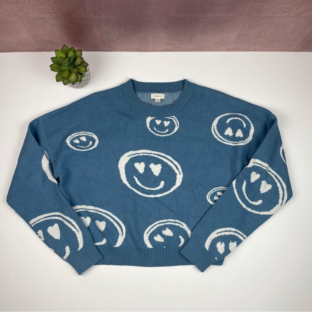 Debut Blue White Smiley Face Long Sleeve Sweater Child Girl Size Medium Knit